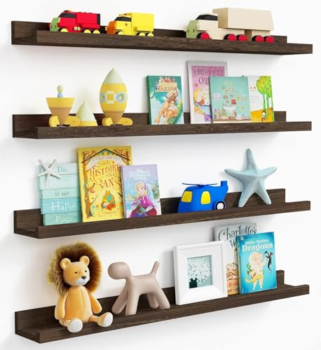 Forbena 36 Inch Long Picture Ledge Shelf, Wooden Floating Shelves for Wall with Lip, Dark Brown Wall Mounted Bookshelf Bookshelves for Living Room Bedroom Office Books Photos (Real Wood, Set of 4) - color: Dark Brown, size: 36 Inch