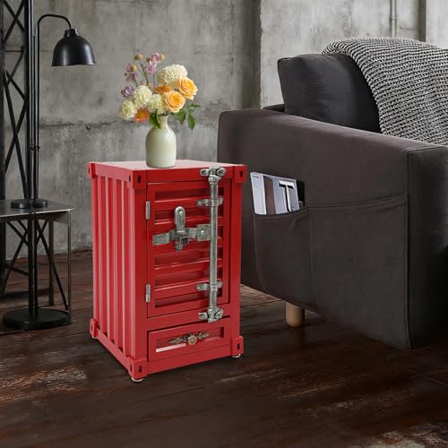 12.6 X 12.6 X 19.7 in Industrial Side Table, Metal Iron 3-Tier Bedside Table with 2 Compartments & 1 Storage Drawer, Retro Metal Shipping Container Cabinet for Bar/Bedroom/Garage (Red) - color: Red