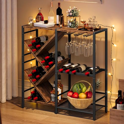 HOOBRO Liquor Cabinet Bar, Wine Rack Freestanding Floor, 3-Tier Wine Rack with Glass Holder, Liquor Bar Cabinet, Mini Bar Table with Bottle Display Rack for Home Bar, Rustic Brown and Black BF36JJ01