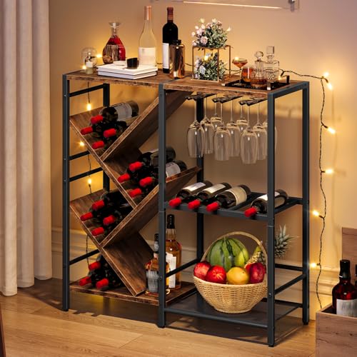 HOOBRO Liquor Cabinet Bar, Wine Rack Freestanding Floor, 3-Tier Wine Rack with Glass Holder, Liquor Bar Cabinet, Mini Bar Table with Bottle Display Rack for Home Bar, Rustic Brown and Black BF36JJ01