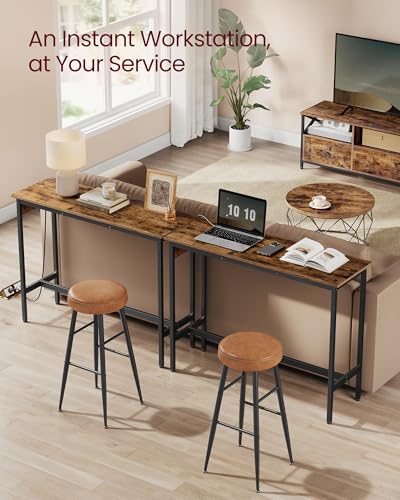 VASAGLE Bar Table, Narrow Long Kitchen Dining Table with Charging Station, Sturdy Metal Frame, Industrial, 15.7 x 47.2 x 35.4 Inches, Rustic Brown and Ink Black ULBT121K01 - color: Rustic Brown + Ink Black, size: 47.2"W, style: Industrial