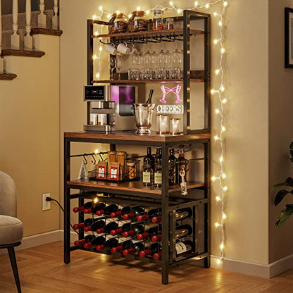 YITAHOME Kitchen Microwave Bakers Stand 31 Inches Wine Rack Free Standing Small w Storage for Liquor Glasses Power Outlet Tall Farmhouse Utility Shelf Pantry Dining Room Coffee Bar Hutch, Rustic Brown | 5-Tier Storage, Wine Rack, Glass Holders, Power Outl
