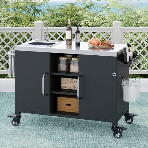 Merax 55.5" Outdoor Kitchen Island, Metal Grill Cart Table with 304 Stainless Steel Sink, Outdoor Bar Cart Sink Station with 4 Lockable Wheels for Pizza Prep & BBQ, Black