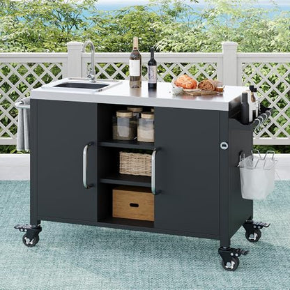 Merax 55.5" Outdoor Kitchen Island, Metal Grill Cart Table with 304 Stainless Steel Sink, Outdoor Bar Cart Sink Station with 4 Lockable Wheels for Pizza Prep & BBQ, Black