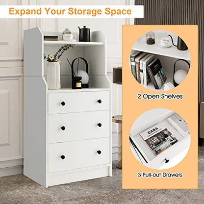 Moccha 3 Drawers Dresser with Shelf, Modern Dresser Tower with 2 Open Shelves, Chest of Drawers with Anti-toppling Device, Tall Storage Dresser Nightstand for Closet, Living Room, White - color: White