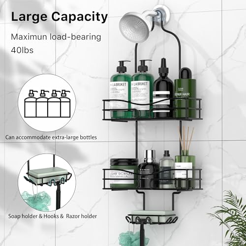 DAOYA Bathroom Shower Caddy Hanging - 3-Tier Organizer with Soap Holder & 6 Hooks for Towels, Sponge; Fits 21mm Shower Head Arm, Black - color: Matte Black