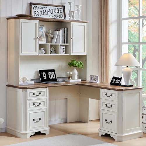 T4TREAM 59" L Shaped Desk with Hutch,Victorian Wood Computer Desk, Featuring Charging Station,File Drawer, Storage Cabinet,for Home Office Work and Study (Antique White) - color: Antique White, size: L Shaped Desk with Hutch
