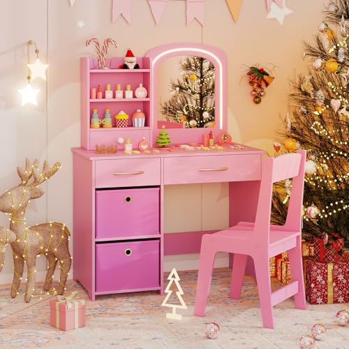 Costzon Kids Vanity with Lights, Princess Makeup Dressing Desk with Mirror and Stool, Storage Drawers, Shelves, Kids Vanity Table and Chair Set for Little Girls (Pink) - style: Pink