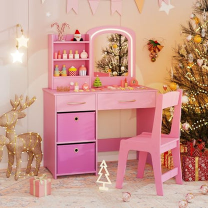 Costzon Kids Vanity with Lights, Princess Makeup Dressing Desk with Mirror and Stool, Storage Drawers, Shelves, Kids Vanity Table and Chair Set for Little Girls (Pink) - style: Pink