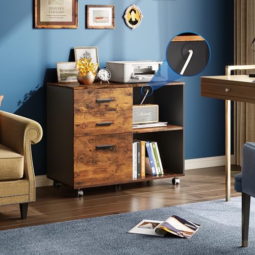DEVAISE 3-Drawer Mobile File Cabinet, Lateral Filing Cabinet, Rustic Brown | Wood, Rolling Printer Stand, Under Desk Storage, Open Shelves, Fits Letter & A4 File, Home Office - color: Rustic Brown, style: Modern