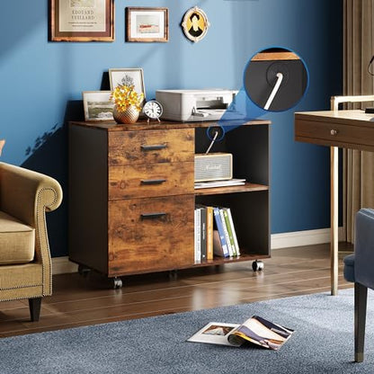 DEVAISE 3-Drawer Mobile File Cabinet, Lateral Filing Cabinet, Rustic Brown | Wood, Rolling Printer Stand, Under Desk Storage, Open Shelves, Fits Letter & A4 File, Home Office - color: Rustic Brown, style: Modern