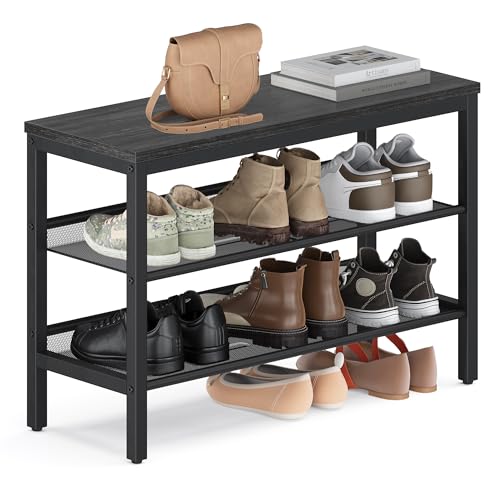VASAGLE 3 Tier Shoe Rack Bench, One Piece Shelves, Industrial Style | Shoe Storage Organizer with Raised Edges, Easy Assembly, 11 x 29.5 x 19.7 Inches, Charcoal Gray and Matte Black ULSB070BA01S - color: Charcoal Gray + Matte Black, size: 29.5"W