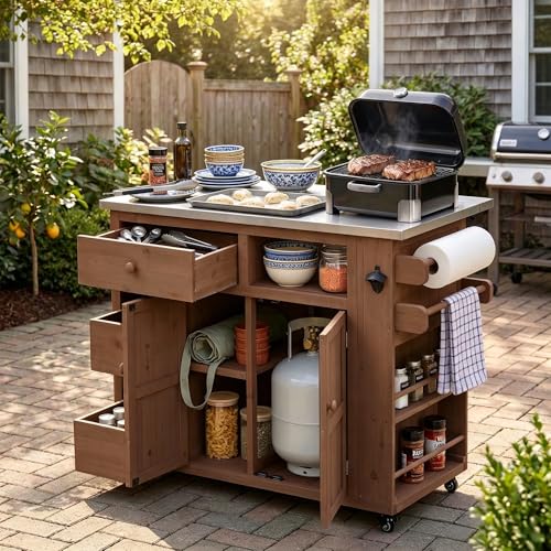 Outdoor Solid Wood Kitchen Island with Storage, 28" Extendable Stainless Steel Top Grill Cart, Rolling BBQ Prep Station with Drawers, Spice Rack, Towel Rack for Backyard, Patio, Camping - color: Brown