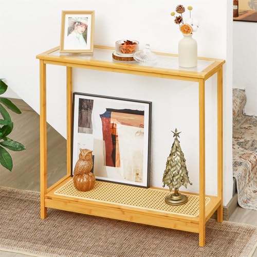 Bamboo Narrow Console Table, 31.5"(L) Wood Small Entryway Table with Rattan and Glass, Accent Slim Hallway Tables, Thin Sofa Side Tables for Hallway, Living Room, Foyer, Burlywood - color: Burlywood 31.5"(l)