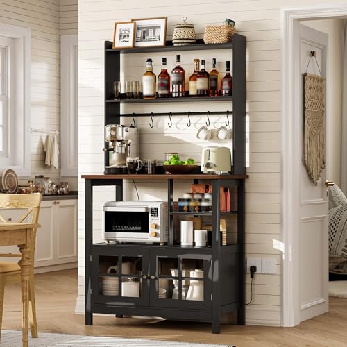 ChooChoo Farmhouse Coffee Bar Cabinet with Storage, Bakers Rack with Power Outlets, Microwave Stand Kitchen Cabinet with Hutch and 6 Hooks, Black - color: Black