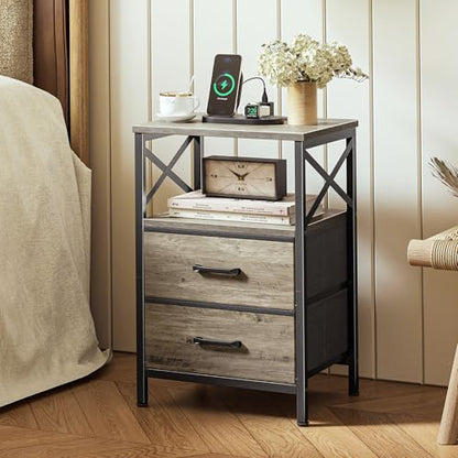 Huuger Nightstands Set of 2, Night Stand with Charger Station, 2 Drawer Side Table with Open Shelf, USB-C Port, End Table for Small Spaces, X Shaped Side Rail, Oak - color: Oak