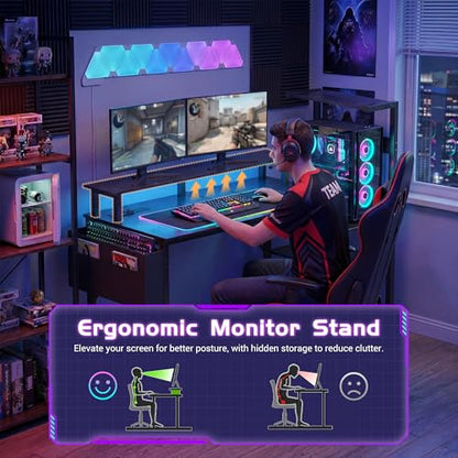 Apicizon 43 Inch Gaming Desk with LED Setup Style, Computer Desk with Storage Shelves & Monitor Stand, Reversible Workstation for Small Space, Home Office Desk Black - size: 43inch
