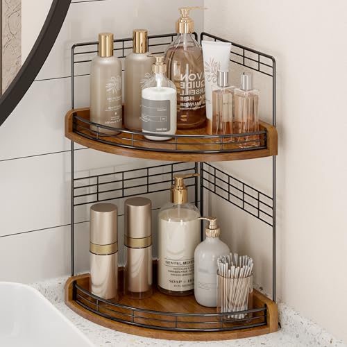 Bathroom Countertop Corner Organizer for Small Spaces, 2-Tier Counter Shelf | Oak Wood & Iron, Fan-Shaped Counter Shelf for Sink & Vanity Corners, Skincare, Toiletries, Compact Vertical Storage, Walnut - color: Walnut