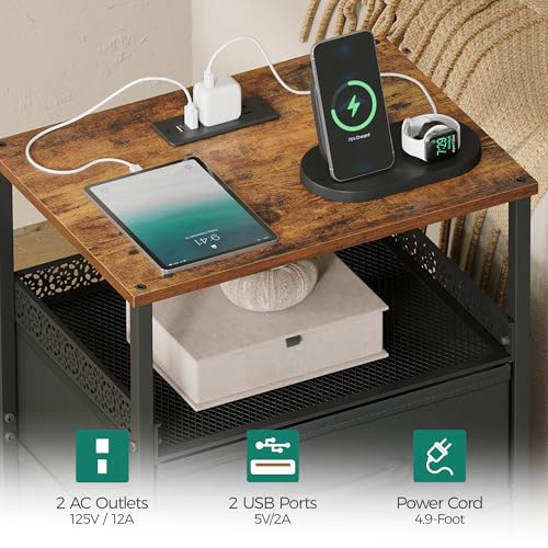 JARHETUN Nightstand Set of 2 with Charging Station, Night Stands with LED Lights, 26.4 Inch Tall Bedside Table with Metal Shelf, Side Table with 2 Fabirc Drawers for Bedroom, Rustic Brown - color: Rustic Brown, style: LED & Power