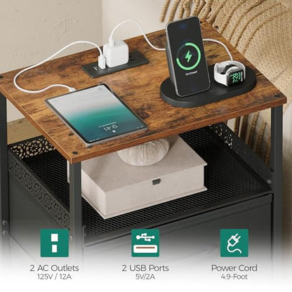 JARHETUN Nightstand Set of 2, Night Stands with Charging Station, 26.4 Inch Tall Bedside Table with Metal Shelf, Side Table with 2 Fabirc Drawers for Bedroom, Rustic Brown - color: Rustic Brown, style: Power