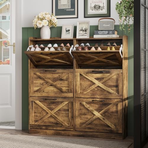 Maupvit Large Shoe Storage Cabinet with 6 Flip Drawers, Freestanding Shoe Organizer with Metal Handles for Entryway, Narrow Shoe Rack Cabinet, Rustic Brown - color: Rustic Brown, style: 6-Drawers