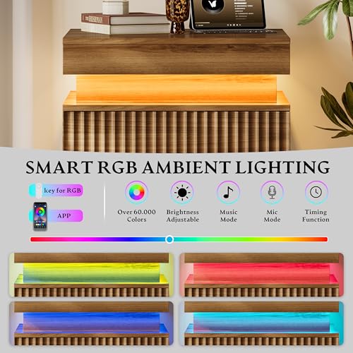Xixini Nightstand with Charging Station and RGB LED Lights, Fluted 3-Drawer Bedside Table with Sliding Top, Wooden End Table for Bedroom, Living Room, Walnut - color: Walnut