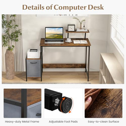 Tangkula Computer Desk with Charging Station, Home Office Desk with Reversible Fabric Drawer, Headphone Hook & Elevated Shelf, Study Writing Table, Industrial PC Workstation for Home