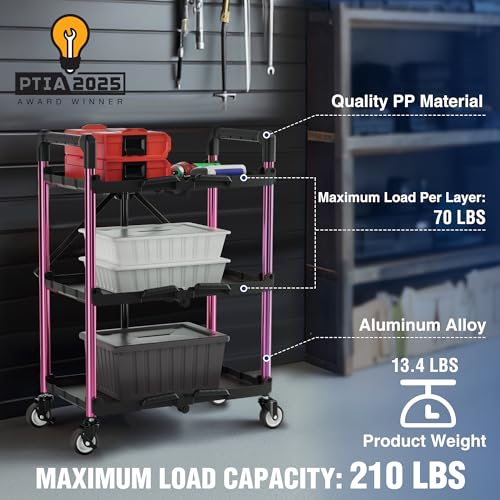 WORKPRO 3-Tier Collapsible Service Cart, Black/Pink, 210 LBS Foldable Utility Cart with Wheels, Portable Rolling Tool Cart for Garage, Warehouse, Home, Restaurant and Office (No Assembly Required) - color: Black/Glossy Pink