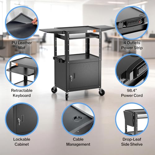 POCHAR Steel AV Cart with Locking Cabinet & Drop Leaves - Adjustable Height Media Carts with Wheels, Pullout Tray, Power Strip - Mobile Workstation Computer Cart for Office Classroom Shop Warehouse - style: Locking Cabinet with Drop Leaves (AVMTK)