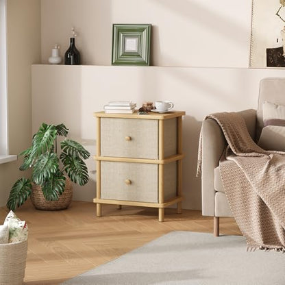 Apicizon Nightstand with 2 Drawers, Boho Side Table with Storage, Natural | Small End Table with Solid Wood Legs, for Small Spaces, Bedroom, Living Room, Entryway, Easy Assembly - color: Natural