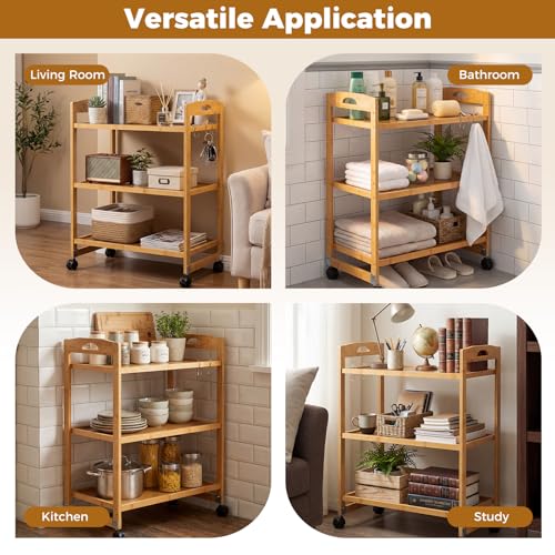 Giantex 3-Tier Rolling Storage Cart, Bamboo Utility Cart w/ 3 Side Hooks & Adjustable Shelves, Multifunctional Kitchen Cart on 2 Lockable Wheels for Living Dining Room, Laundry, Bathroom, Office Art