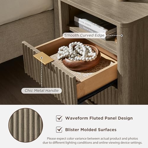 T4TREAM Fluted Nightstand with Charging Station, 18" Modern Side Table with 2 Drawers, End Table w/Storage, Bedside for Bedroom, Living Room, Curved Profile Design, Grey Alder - color: Grey Alder