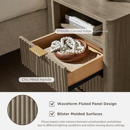 T4TREAM Fluted Nightstand with Charging Station, 18" Modern Side Table with 2 Drawers, End Table w/Storage, Bedside for Bedroom, Living Room, Curved Profile Design, Grey Alder - color: Grey Alder