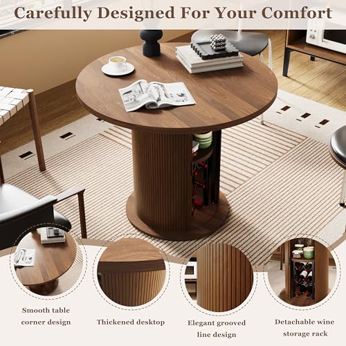Wildhome Round Dining Table for 2-3, 31 Inch Dining Room Kitchen Table with 2-Tier Storage Shelf & Wine Rack, Modern Farmhouse Fluted Wood Slide Door Dinner Furniture,Circle(Non scalable-32 In-Walnut) - color: Non-scalable-32 Inch-walnut