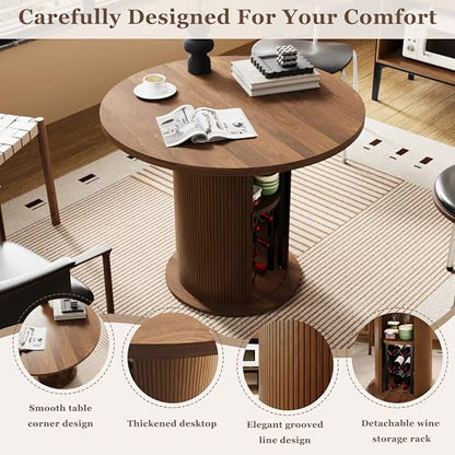 Wildhome Round Dining Table for 2-3, 31 Inch Dining Room Kitchen Table with 2-Tier Storage Shelf & Wine Rack, Modern Farmhouse Fluted Wood Slide Door Dinner Furniture,Circle(Non scalable-32 In-Walnut) - color: Non-scalable-32 Inch-walnut