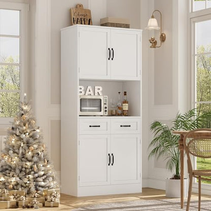 HOSTACK 71" Tall Kitchen Pantry Storage Cabinet, Wood Kitchen Hutch, White | Modern Pantry Cabinet with Microwave Stand, Hutch Cabinet with Countertop & Drawers, Storage Cabinet for Living Room - color: White