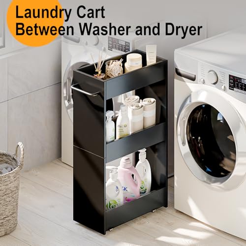 MARTY Slim Rolling Storage Cart 7.9" W Laundry Cart with Wheels,Wood, Black | Narrow Utility Cart Between Washer and Dryer, 3 Tier Mobile Shelving Unit for Kitchen, Laundry, Bathroom, Office, Living Room - color: Black