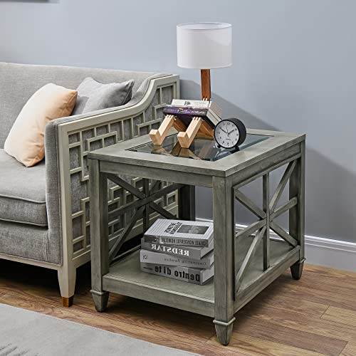 2-Tier Solid Wood Square End Table with Tempered Glass, AntiqueColor | clear glasstop, storage lower shelf, asterisk-shaped leg, rustic country side table, for living room, 27x22.5x24in - color: Antique Color, size: 27"D x 22.5"W x 24"H