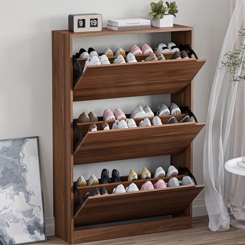 BORNOON Shoe Cabinet with 3 Flip Drawers, Slim Narrow Shoe Storage Cabinet, Freestanding Shoe Organizer with Adjustable & Removable Shelves, Top Display Shelf for Entryway, Hallway, Foyer, Closet - color: Walnut, size: 3 Drawers