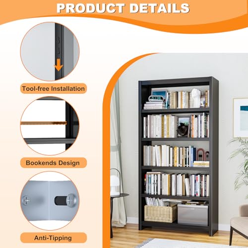 VASAAOSD Metal Book Shelf, 69.3" Tall Black Bookshelves, 5 Tier Open Bookshelf, Toolless Assembly Black Shelves for Home Office, Living Room, Study - color: Black, size: 3 Tier