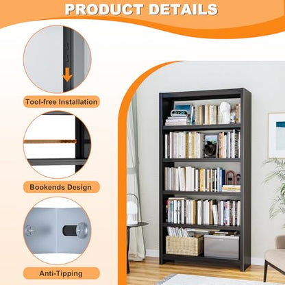 VASAAOSD Metal Book Shelf, 69.3" Tall Black Bookshelves, 5 Tier Open Bookshelf, Toolless Assembly Black Shelves for Home Office, Living Room, Study - color: Black, size: 3 Tier