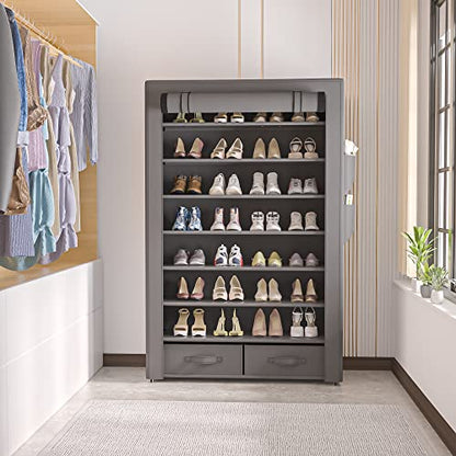 OYREL Shoe Rack Sturdy 8 Tier Tall + Dustproof Cover Large Storage | Closet Cabinet Large Free Standing Shoe Racks Vertical Shoe Shelf Tall Vertical Boot Holder Stand - color: Grey, size: 33.3"Wx55"H