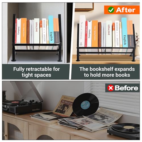 Expandable Desktop Bookshelf Organizer, Metal Office Tabletop Book Storage Rack, Large Tilting Bookcase for Books/CDs/Magazine Display, Desk Shelf for Top of Desk in Living Room, Home, Office (Black)