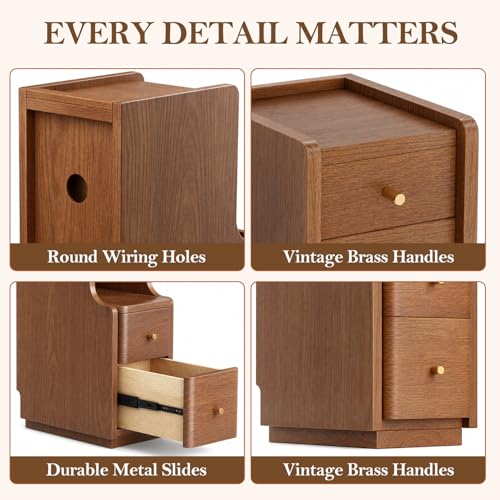 Narrow Nightstand with 4 Drawers, 7.9" Solid Wood Narrow Bedside Table Walnut with Open Shelf & Cable Hole, Modern Night Stand Slim Bedside Table for Bedroom(Fully Assembly) - color: Walnut