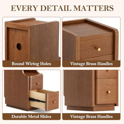 Narrow Nightstand with 4 Drawers, 7.9" Solid Wood Narrow Bedside Table Walnut with Open Shelf & Cable Hole, Modern Night Stand Slim Bedside Table for Bedroom(Fully Assembly) - color: Walnut