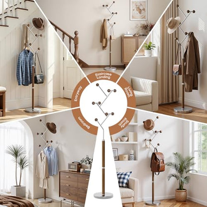 Coat Rack Freestanding Metal Coat Tree with 8 Rubber Wood Hooks | Heavy Duty Standing Coat Rack, Stainless Steel Marble Base, Coat Hanger Stand for Bedroom Entryway Hallway, Hat, Bags - color: A