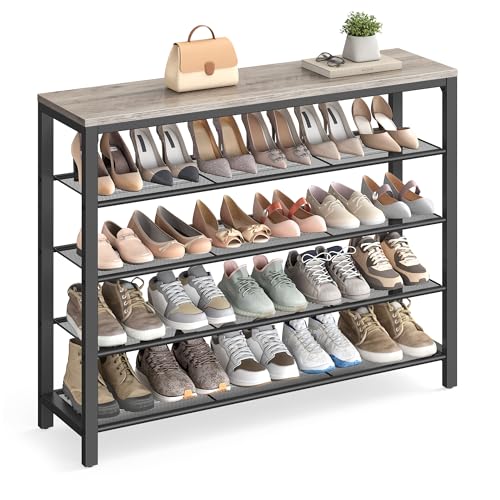 VASAGLE INDESTIC Shoe Rack, Organizer for Closet with 4 Mesh Shelves and Large Top for Bags, Entryway Hallway Shelf, Steel Frame, Industrial, Greige and Black ULBS015B02, 11.8 x 39.4 x 36.4 Inches - color: Greige, size: 5 Tiers (39.4"W)