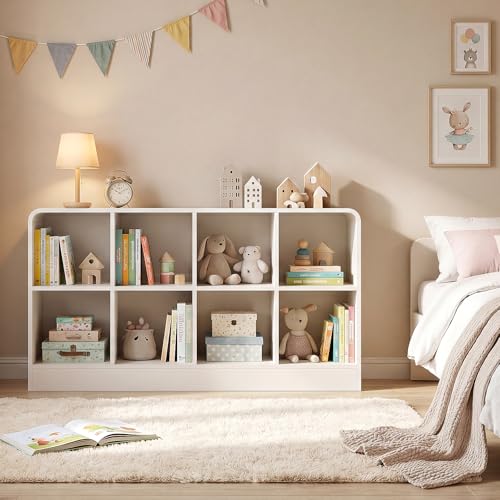 EXPERLAM White 8 Cube Storage Organizer with Rounded Edges and Reinforced Base, Low Horizontal Cube Bookshelf, Wooden Cube Shelf Bookcase for Living Room, Kids Room, Bedroom, TV Stand - size: with base
