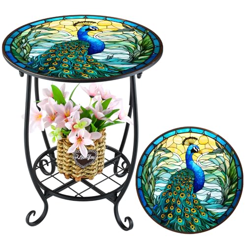 Cinnvoice Outdoor Side Table Round Small Mosaic Patio Accent Indoor End Plant Coffee Tea Table for Yard Patio Porch Garden Living Room, Bedroom(Peacock Style,14 Inch) - size: 14 Inch, style: Peacock Style