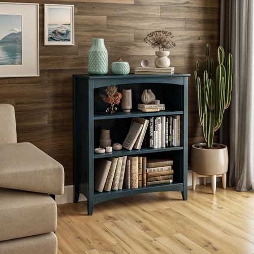 Camaflexi Shaker Style 3 Shelf Bookcase/Solid Wood / 36" High/Adjustable Shelving/Closed Back/Display Bookshelf for Living Room, Bedroom, Home and Office, Deep Ocean Blue - color: Deep Ocean Blue, size: 36"
